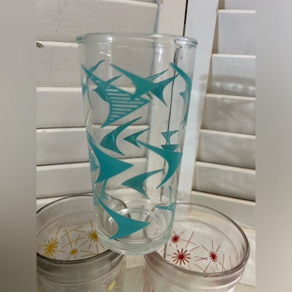 3 Vintage 50s 60s atomic drink glass Starburst Boomerang Teal Red Yellow MCM - Picture 9 of 16
